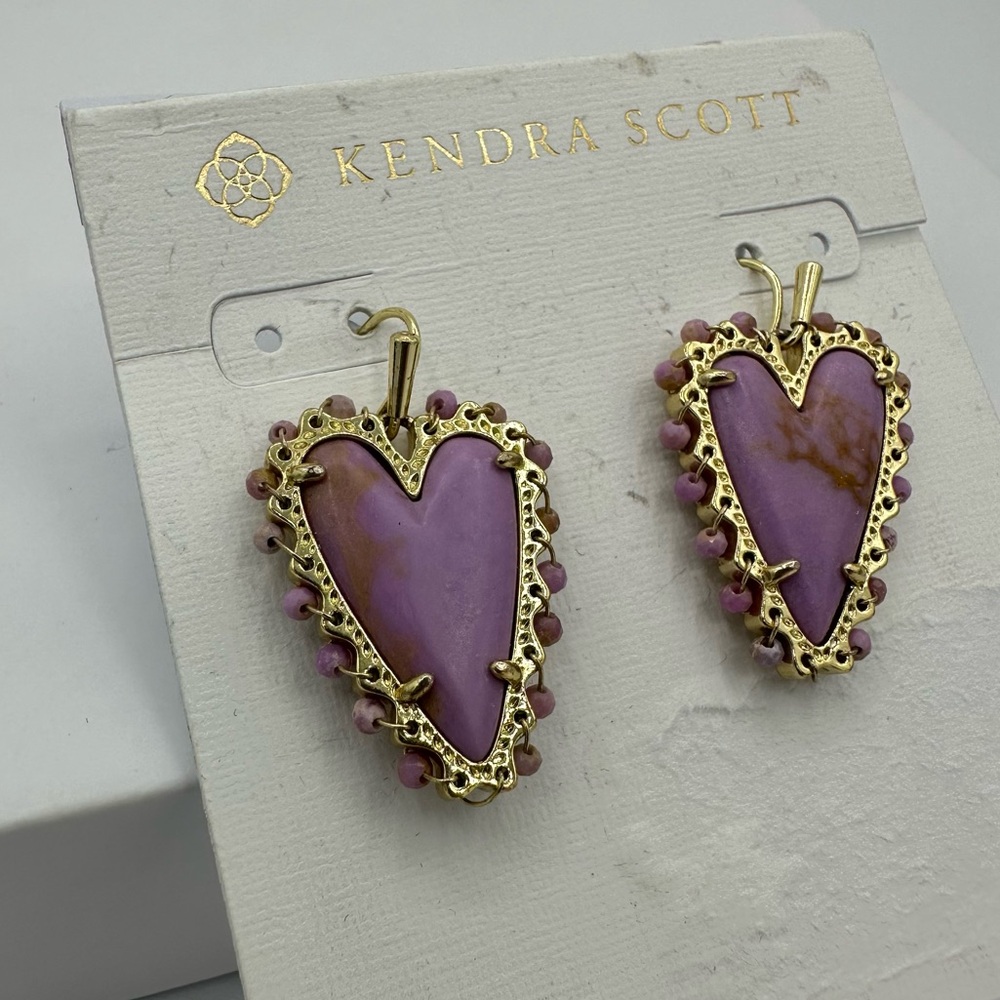 Kendra Scott Beaded Ansley Heart Drop Earrings in Gold Lilac Phosphate NWT - Picture 3 of 9